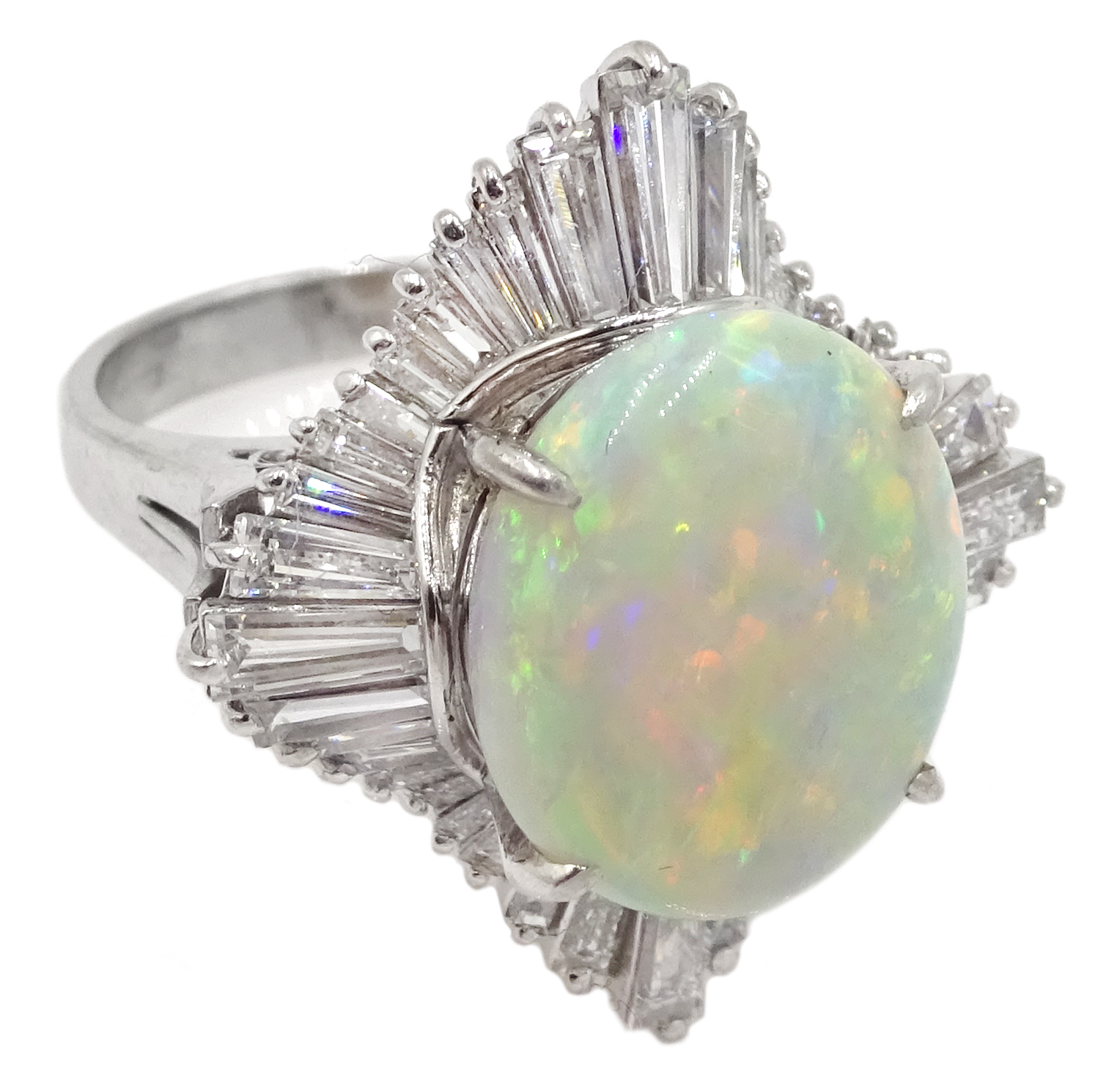 Platinum oval cabochon opal and baguette diamond ring, stamped 900, opal 4.48 carat, diamond total - Image 3 of 5