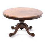 Victorian mahogany breakfast table, circular moulded tilt top on turned pedestal, four shaped out