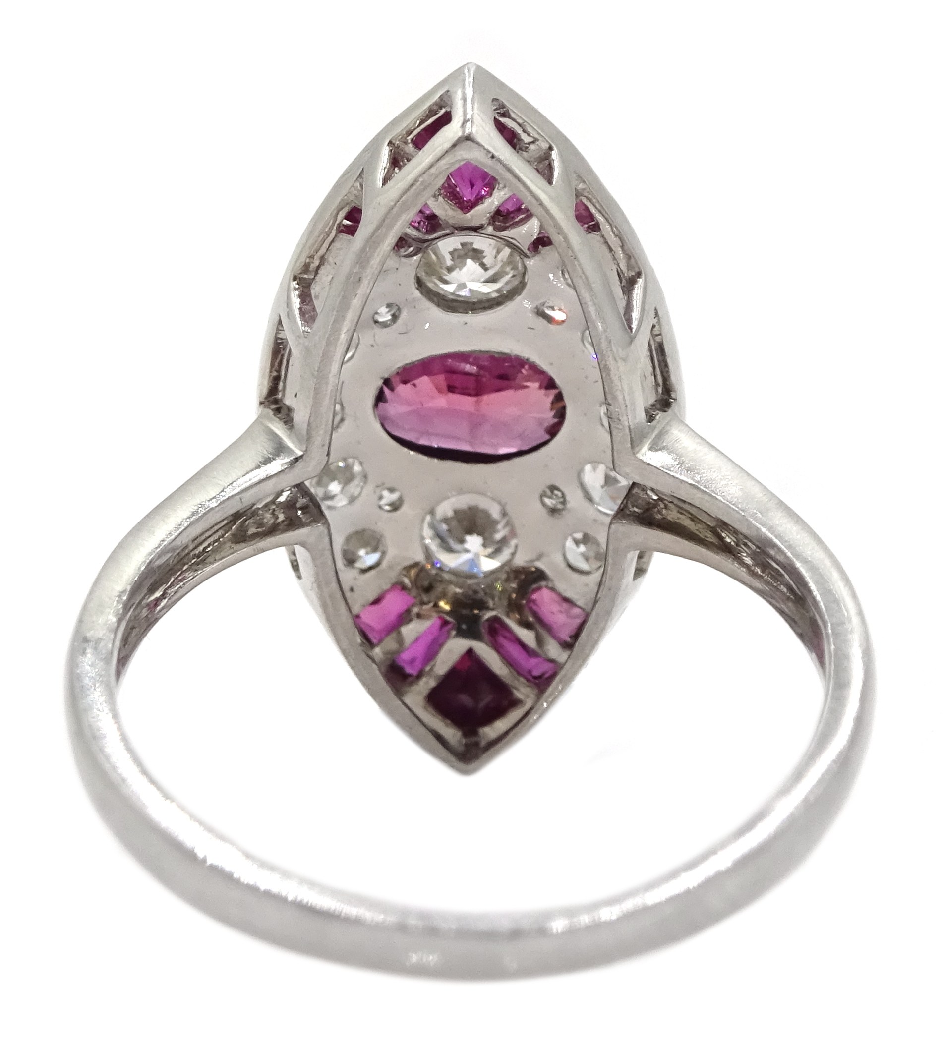 Victorian style marquise shaped platinum ring set with rubies and diamonds - Image 6 of 6