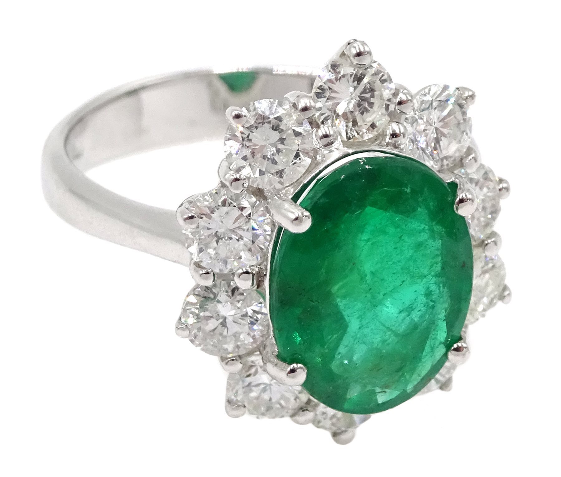 White gold oval emerald and round brilliant cut diamond ring, stamped 750, emerald approx 2.80 - Image 3 of 5
