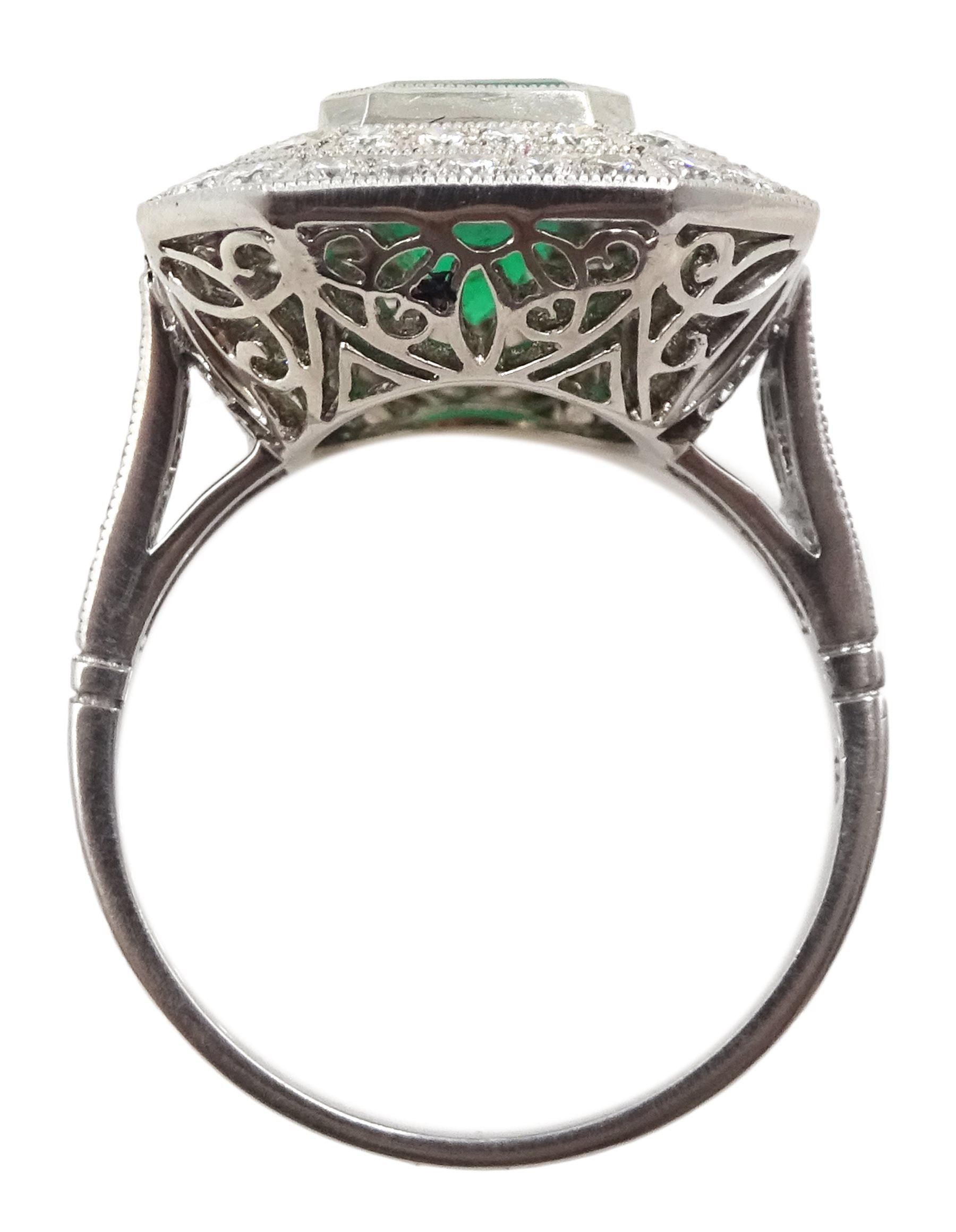 Platinum emerald and double row diamond ring, with diamond set shoulders, emerald approx 1.85 carat, - Image 5 of 5