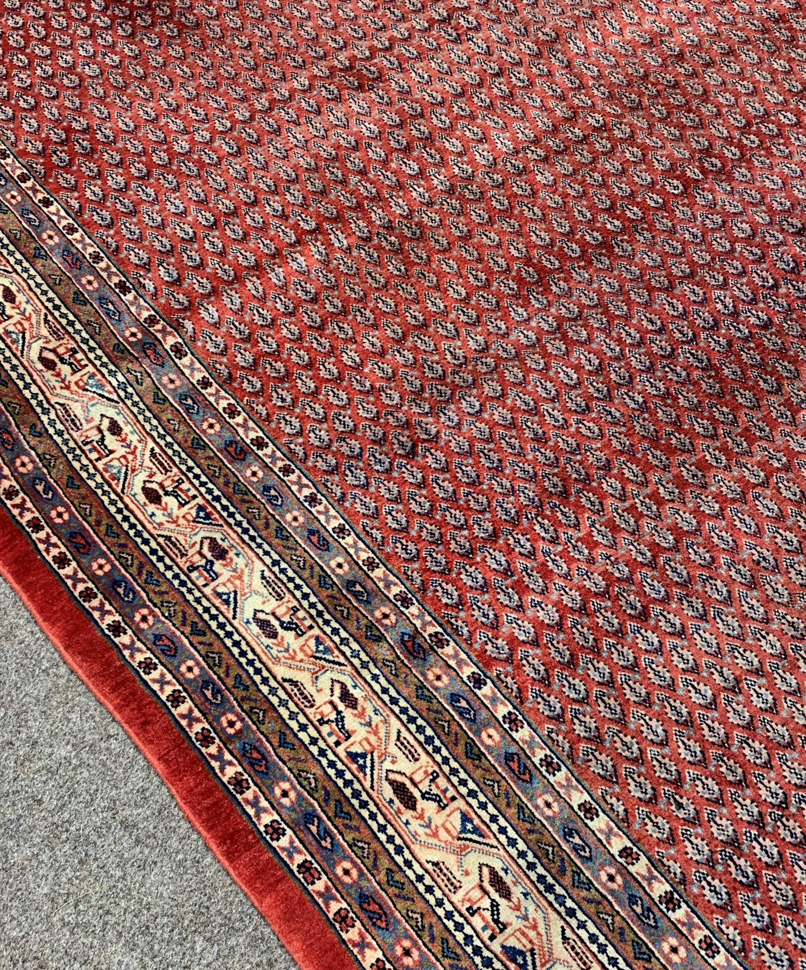 Large Persian Araak carpet, red ground field decorated all over with Boteh motifs, multiple band - Image 2 of 4