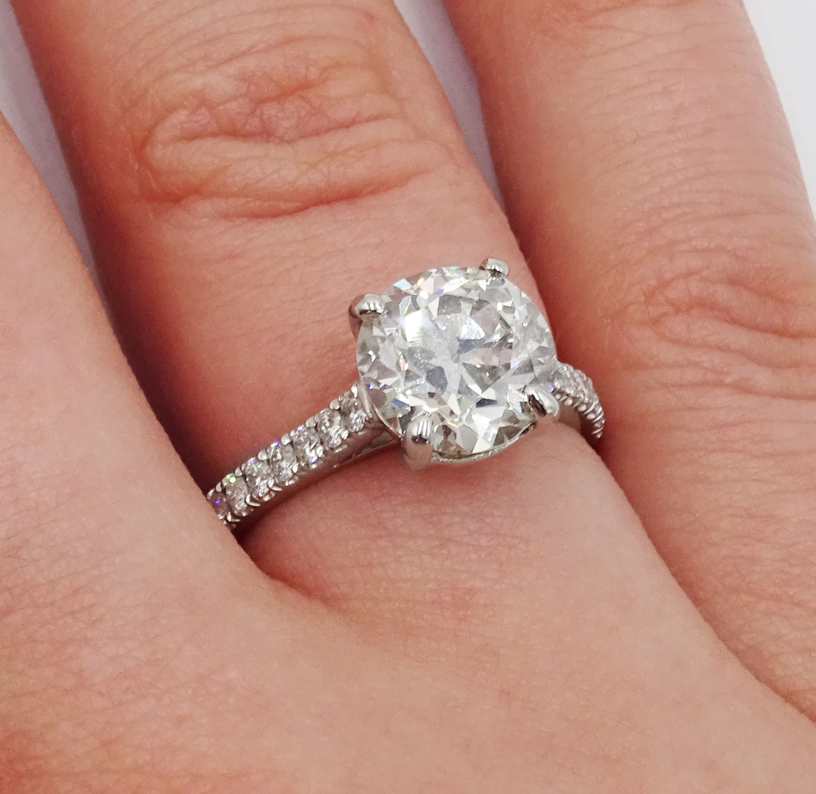 Platinum old cut diamond solitaire ring with diamond set shoulders, hallmarked, central diamond 2.10 - Image 2 of 9