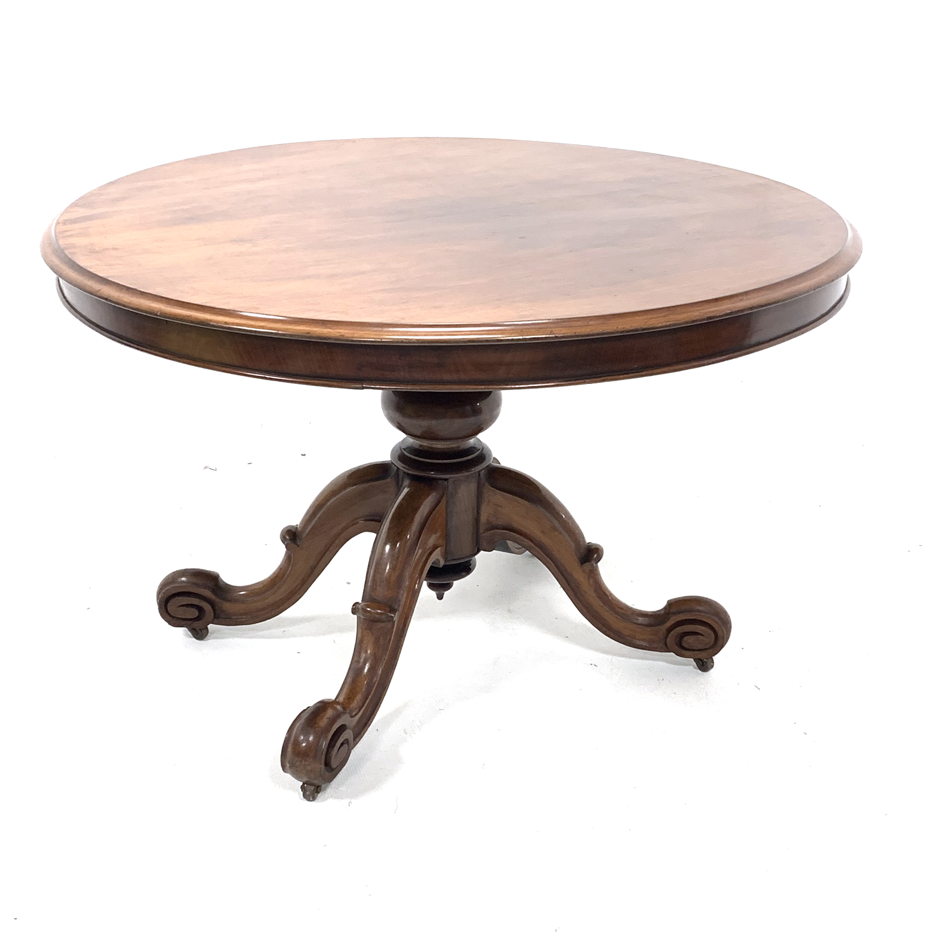 Victorian mahogany breakfast table, circular moulded tilt top on turned pedestal, four shaped out - Image 2 of 6