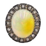 14ct gold and silver cabochon Ethiopian opal and rose cit diamond ring, stamped 585 and 925