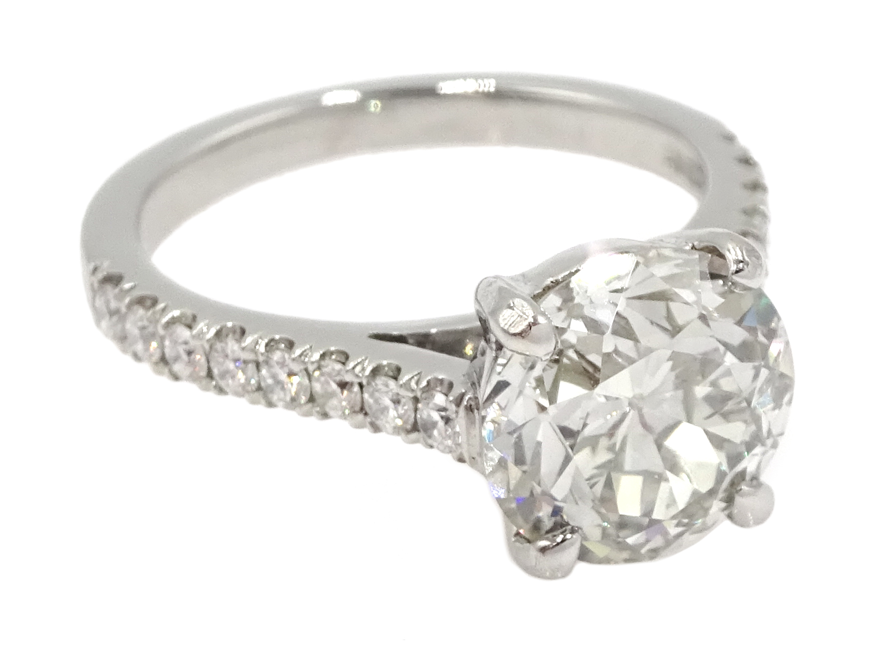 Platinum old cut diamond solitaire ring with diamond set shoulders, hallmarked, central diamond 2.10 - Image 3 of 9