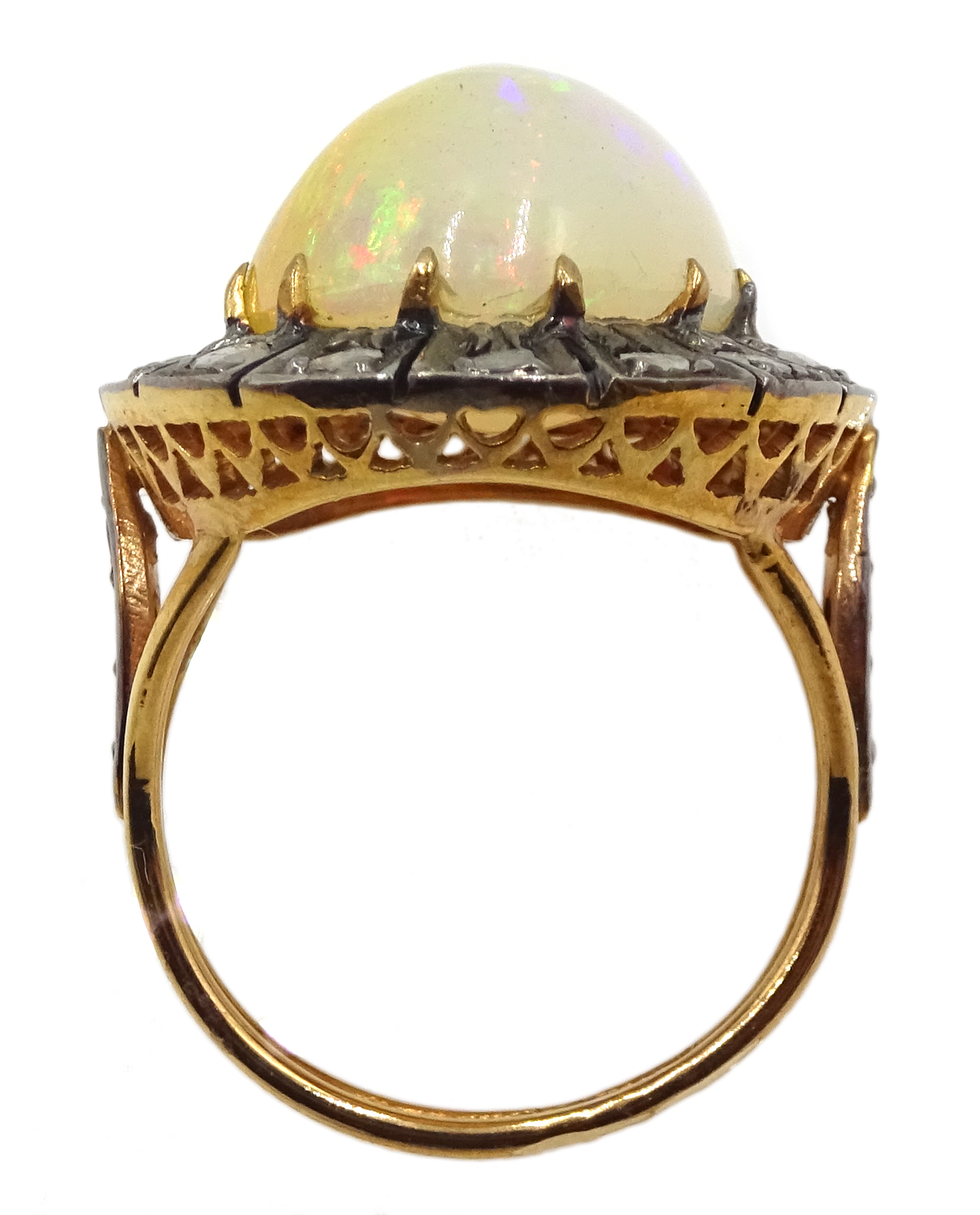 14ct gold and silver cabochon Ethiopian opal and rose cit diamond ring, stamped 585 and 925 - Image 6 of 7