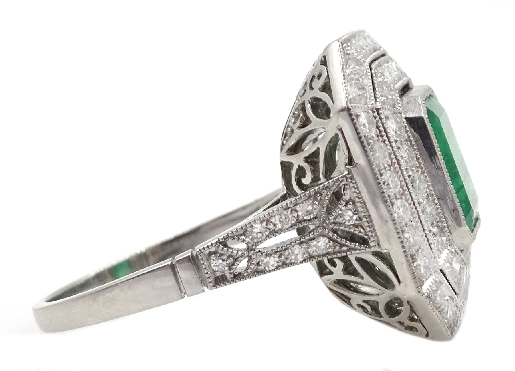 Platinum emerald and double row diamond ring, with diamond set shoulders, emerald approx 1.85 carat, - Image 4 of 5