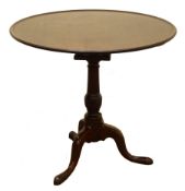 George III mahogany tripod table, circular dished birdcage tilt top on vase turned reeded column and
