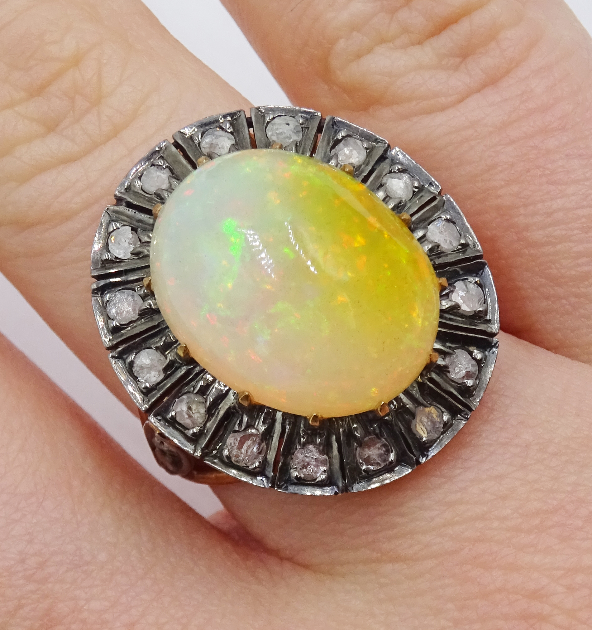 14ct gold and silver cabochon Ethiopian opal and rose cit diamond ring, stamped 585 and 925 - Image 2 of 7