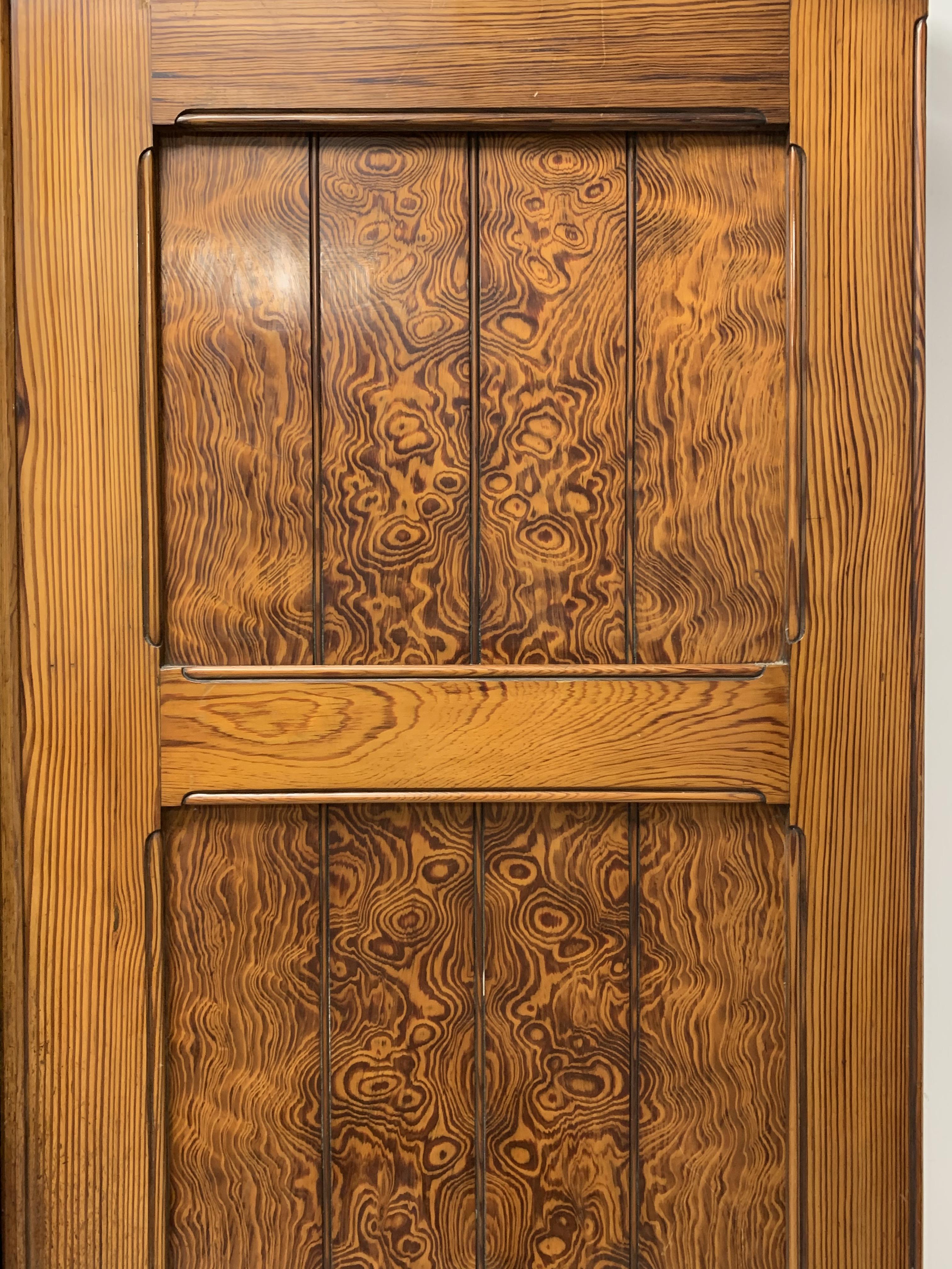 Late Victorian pitch pine triple wardrobe, turned gallery pediment over projecting cornice, - Image 9 of 9