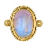 18ct gold oval cabochon rainbow moonstone ring, hallmarked