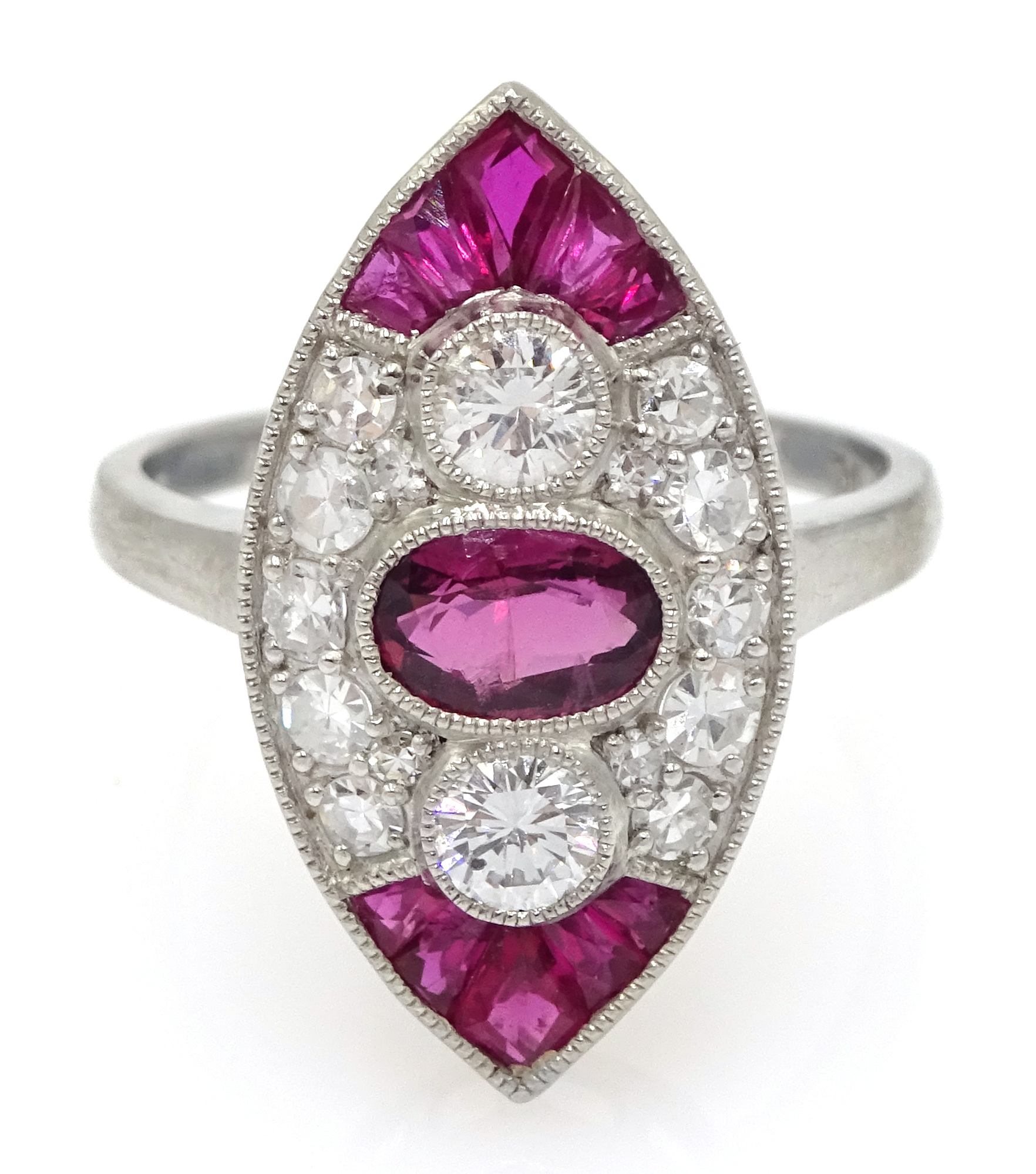 Victorian style marquise shaped platinum ring set with rubies and diamonds