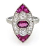 Victorian style marquise shaped platinum ring set with rubies and diamonds