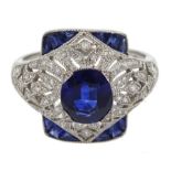 Platinum sapphire and diamond dress ring, pierced openwork setting