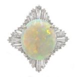 Platinum oval cabochon opal and baguette diamond ring, stamped 900, opal 4.48 carat, diamond total