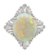 Platinum oval cabochon opal and baguette diamond ring, stamped 900, opal 4.48 carat, diamond total