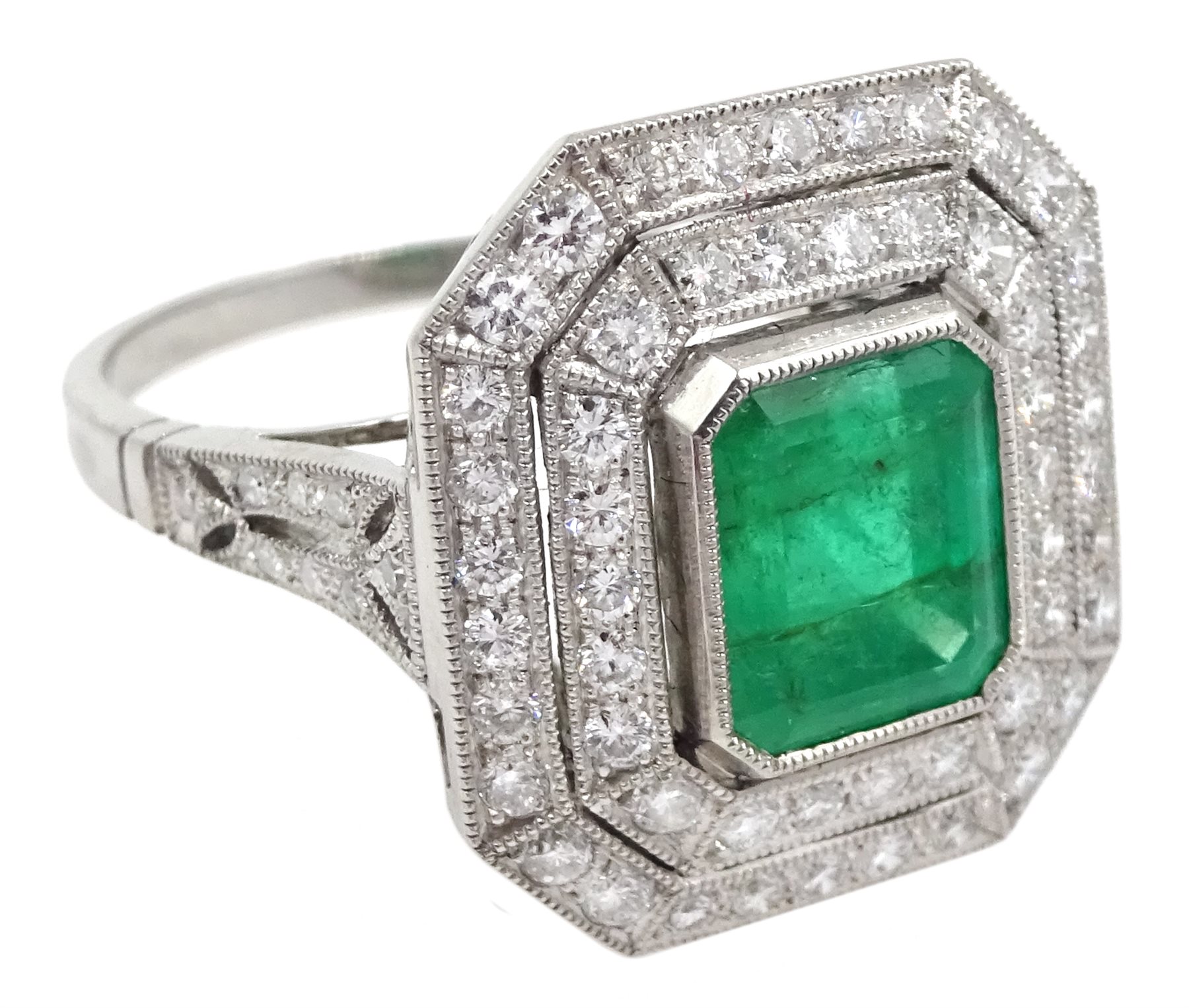 Platinum emerald and double row diamond ring, with diamond set shoulders, emerald approx 1.85 carat, - Image 3 of 5