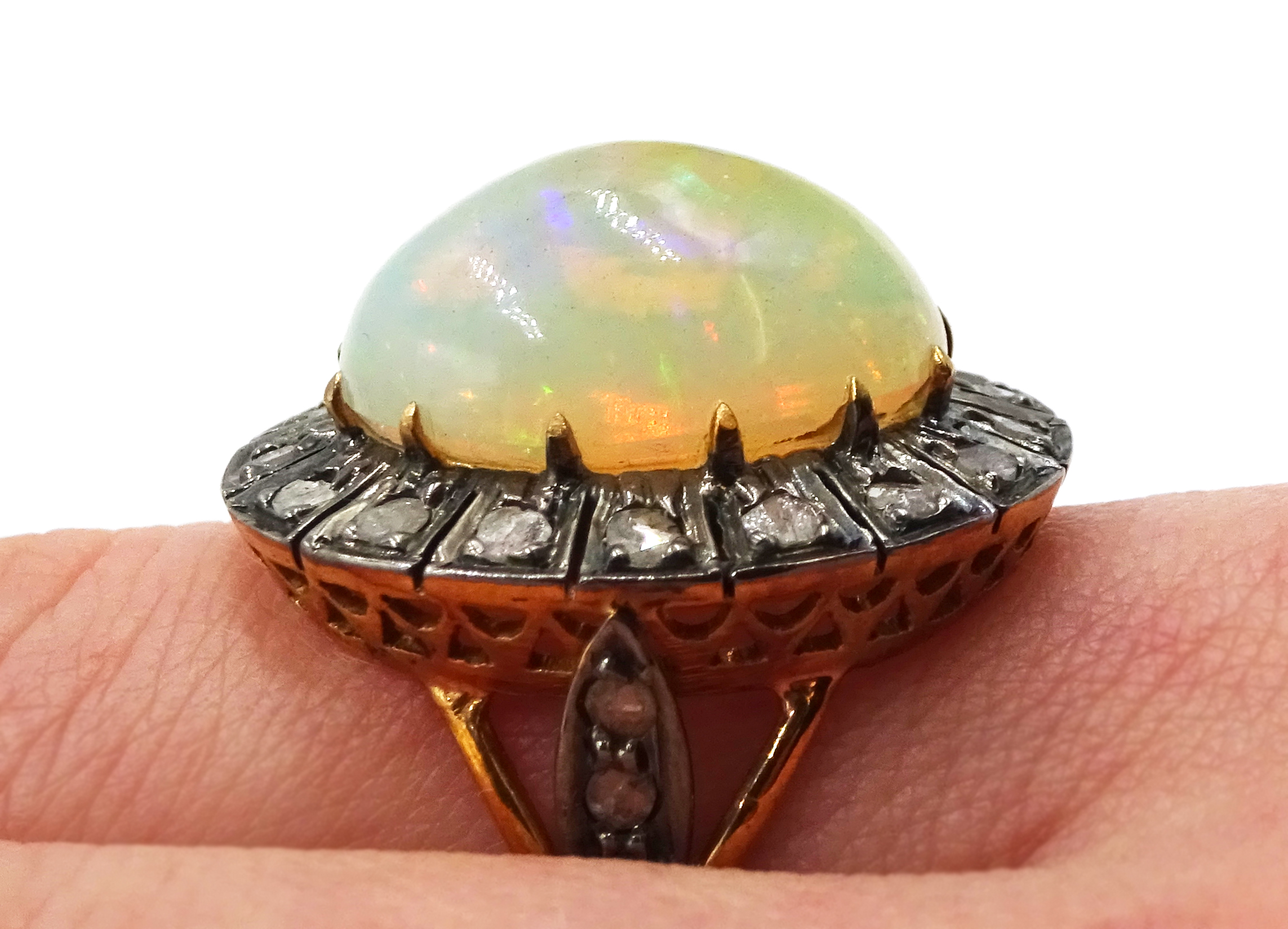 14ct gold and silver cabochon Ethiopian opal and rose cit diamond ring, stamped 585 and 925 - Image 7 of 7