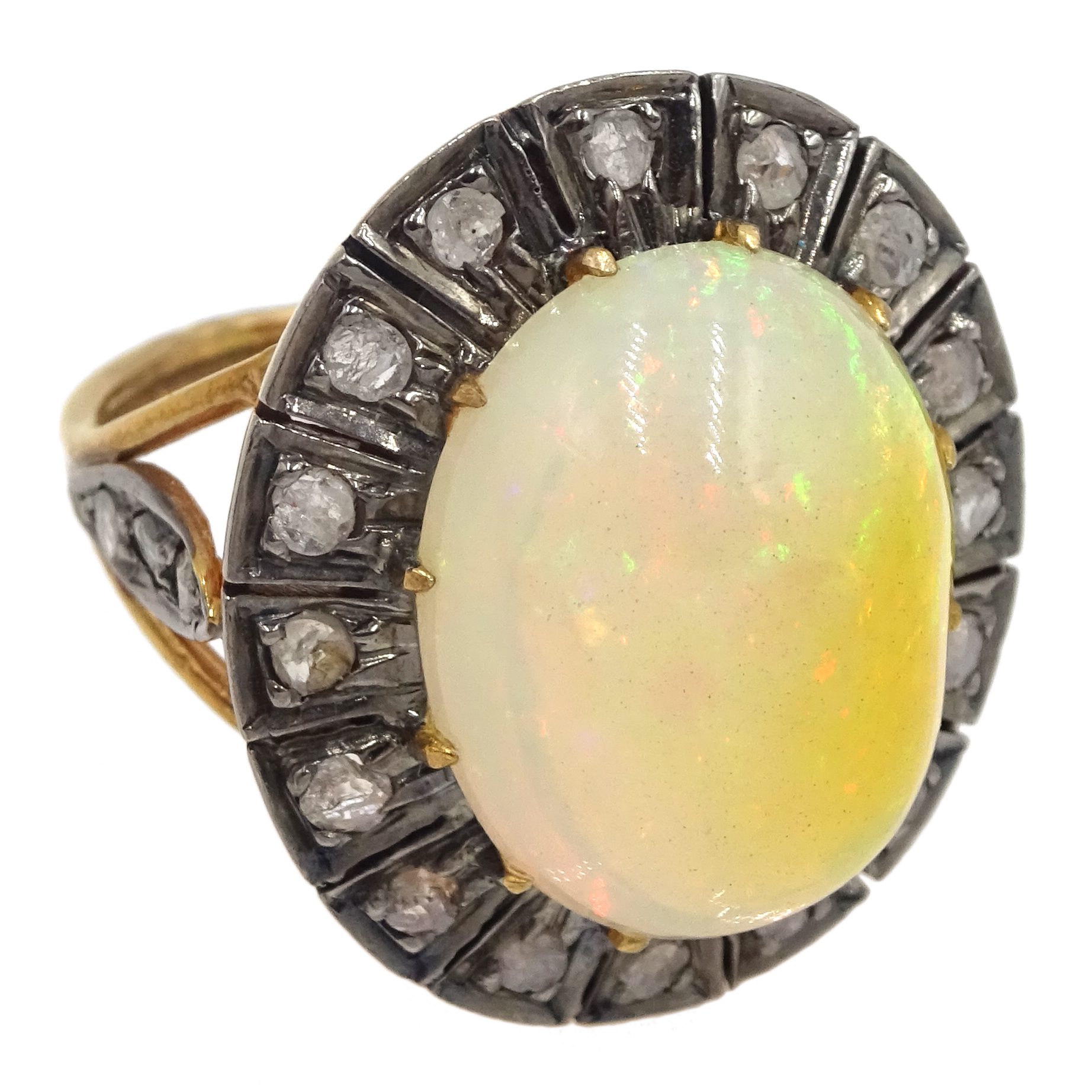 14ct gold and silver cabochon Ethiopian opal and rose cit diamond ring, stamped 585 and 925 - Image 3 of 7