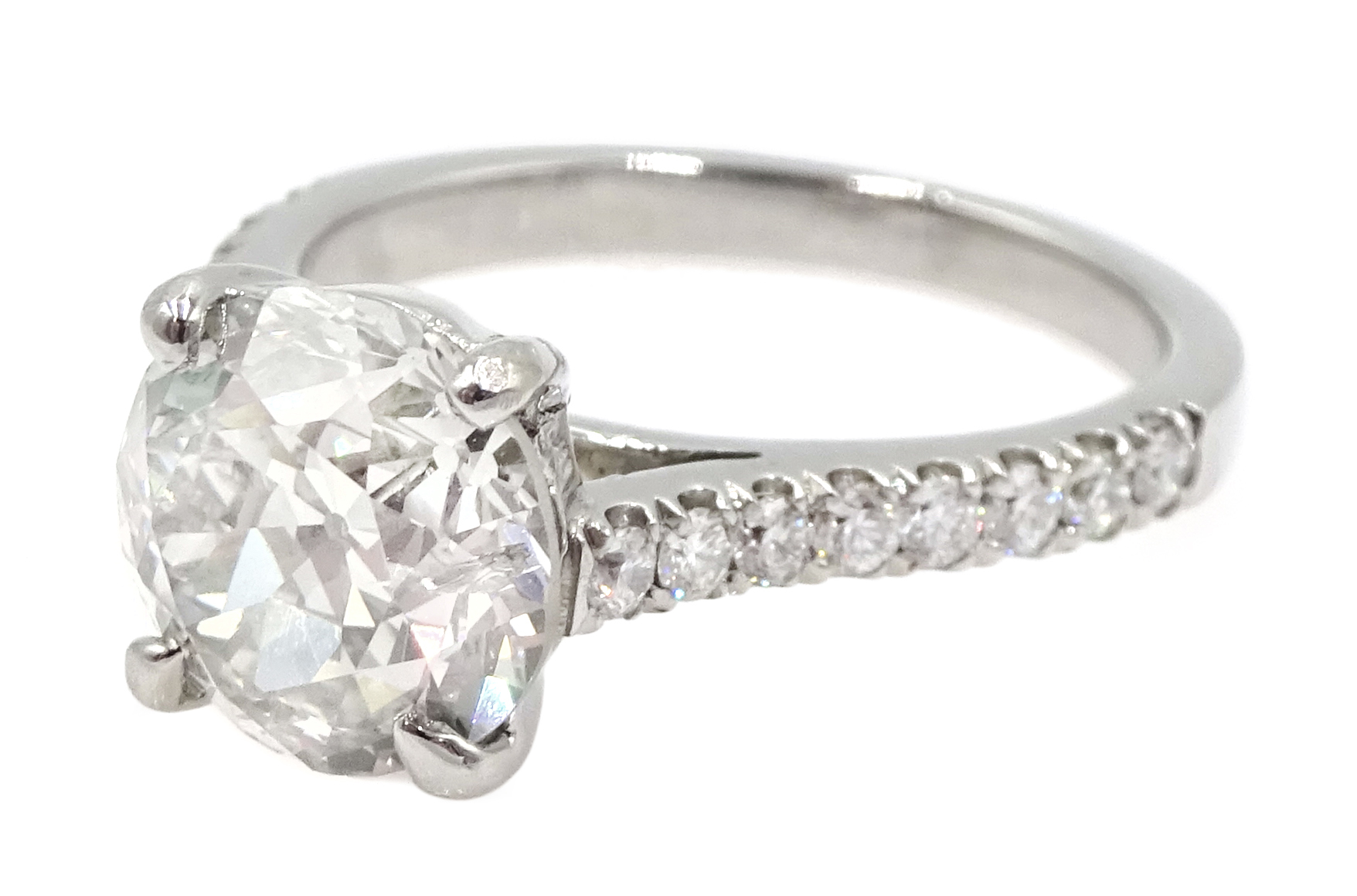 Platinum old cut diamond solitaire ring with diamond set shoulders, hallmarked, central diamond 2.10 - Image 4 of 9