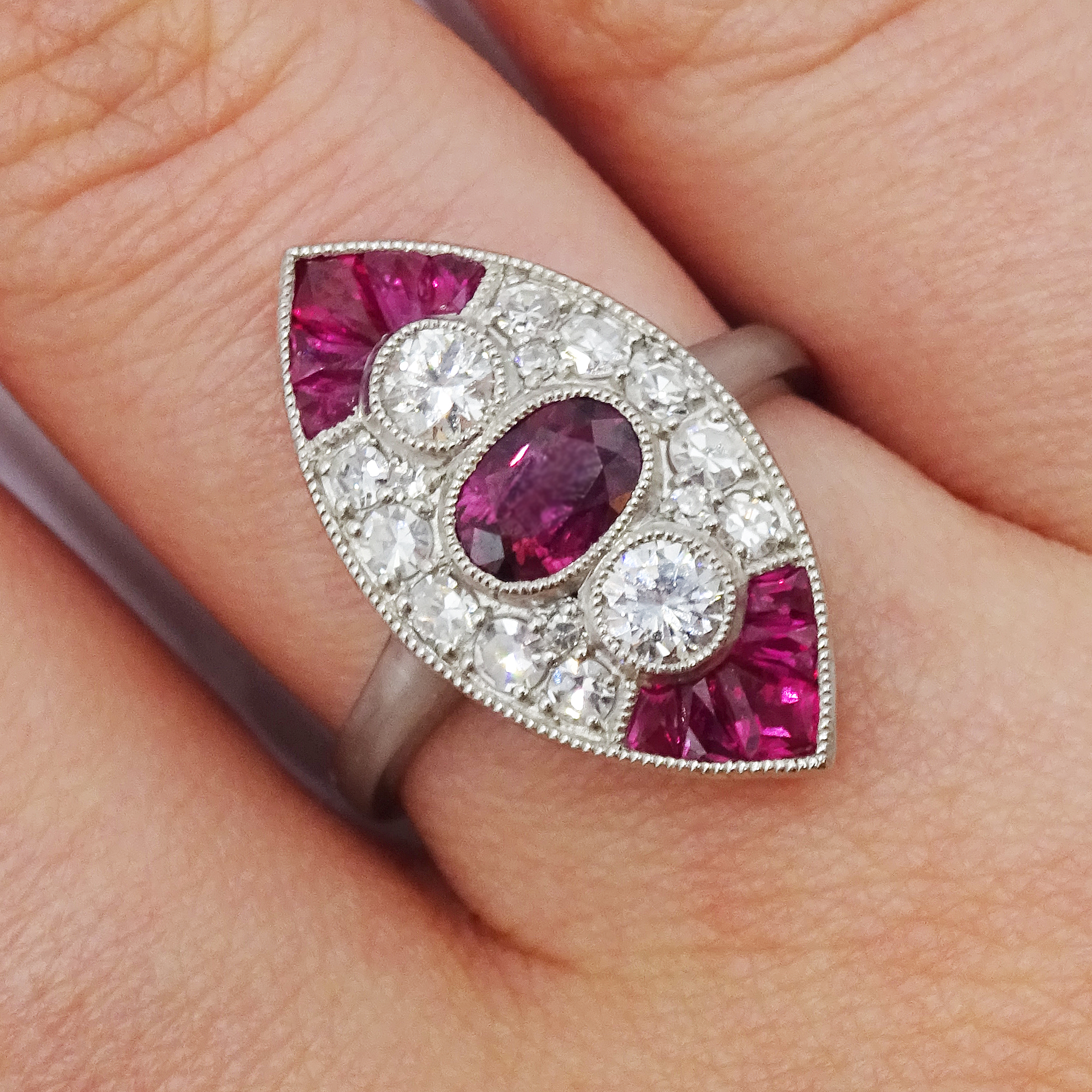 Victorian style marquise shaped platinum ring set with rubies and diamonds - Image 2 of 6