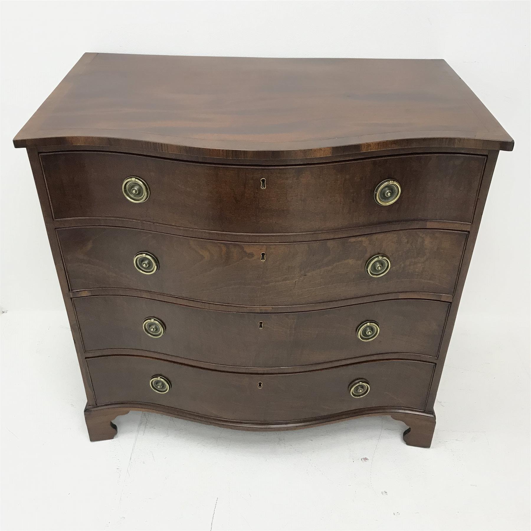 Hepplewhite period serpentine mahogany chest, figured top with banding, four long drawers with - Image 2 of 7