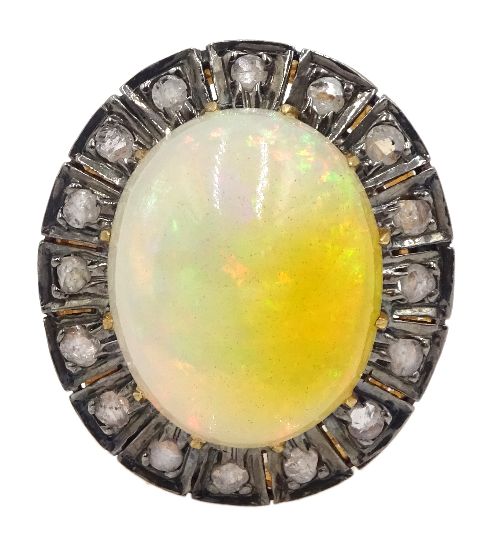 14ct gold and silver cabochon Ethiopian opal and rose cit diamond ring, stamped 585 and 925