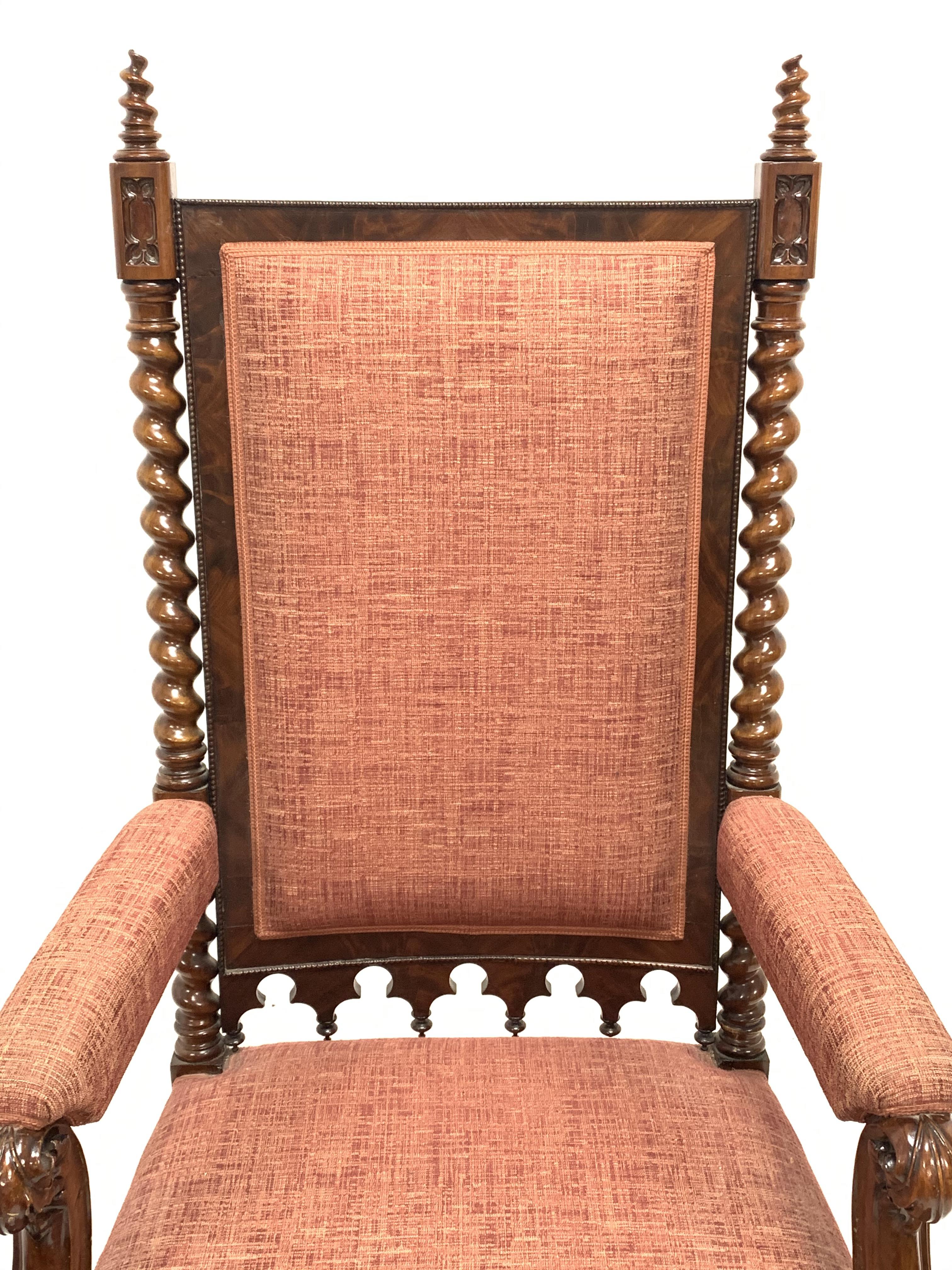 19th century Puginesque mahogany throne chair, the upholstered back surrounded by figured mahogany - Image 6 of 6