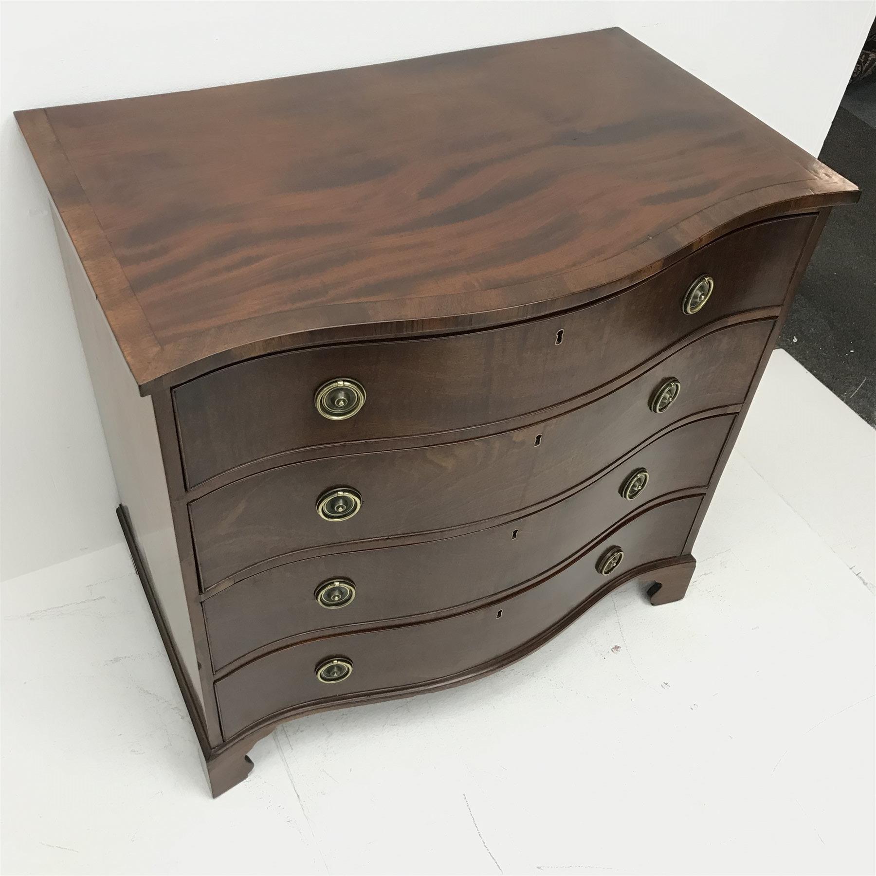 Hepplewhite period serpentine mahogany chest, figured top with banding, four long drawers with - Image 3 of 7