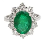 White gold oval emerald and round brilliant cut diamond ring, stamped 750, emerald approx 2.80
