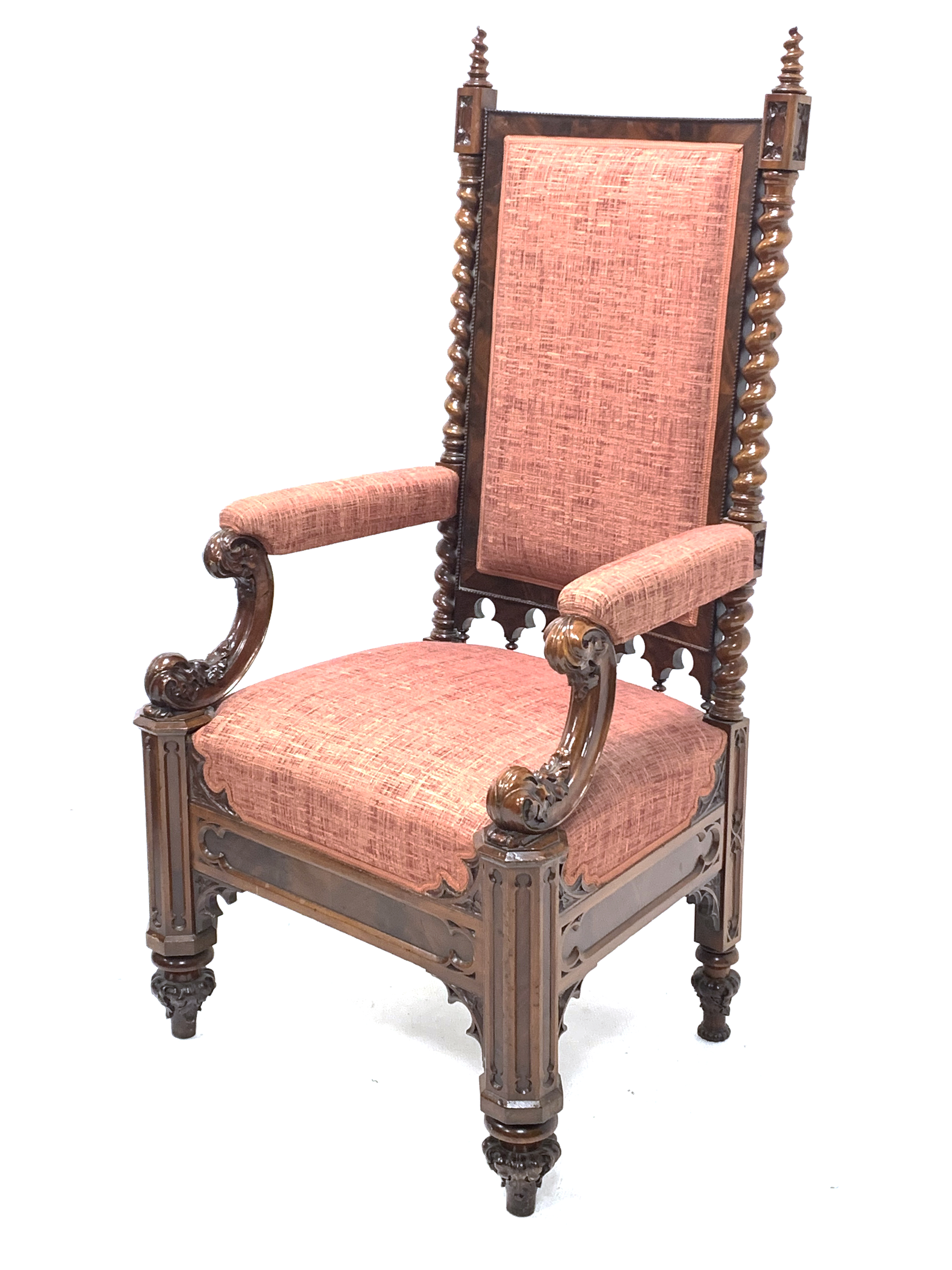 19th century Puginesque mahogany throne chair, the upholstered back surrounded by figured mahogany