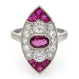 Victorian style marquise shaped platinum ring set with rubies and diamonds, free UK mainland