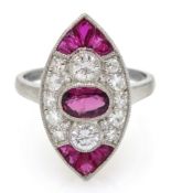 Victorian style marquise shaped platinum ring set with rubies and diamonds, free UK mainland