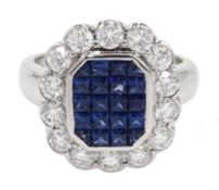 18ct white gold, sapphire and diamond cluster ring, sapphire total weight 2.10 carat, diamond