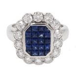 18ct white gold, sapphire and diamond cluster ring, sapphire total weight 2.10 carat, diamond
