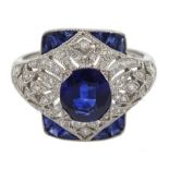 Platinum sapphire and diamond dress ring, pierced openwork setting, free UK mainland shipping