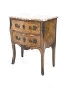 Early 20th century walnut and Kingwood bombe chest, shaped and moulded rouge marble top, two