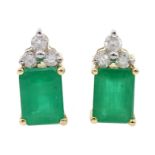 Pair of 14ct gold emerald and diamond stud earrings, stamped 585, emerald total weight approx 1.95