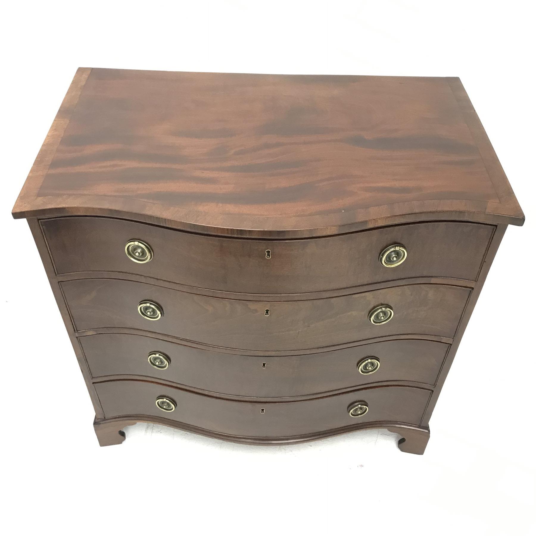 Hepplewhite period serpentine mahogany chest, figured top with banding, four long drawers with - Image 4 of 7