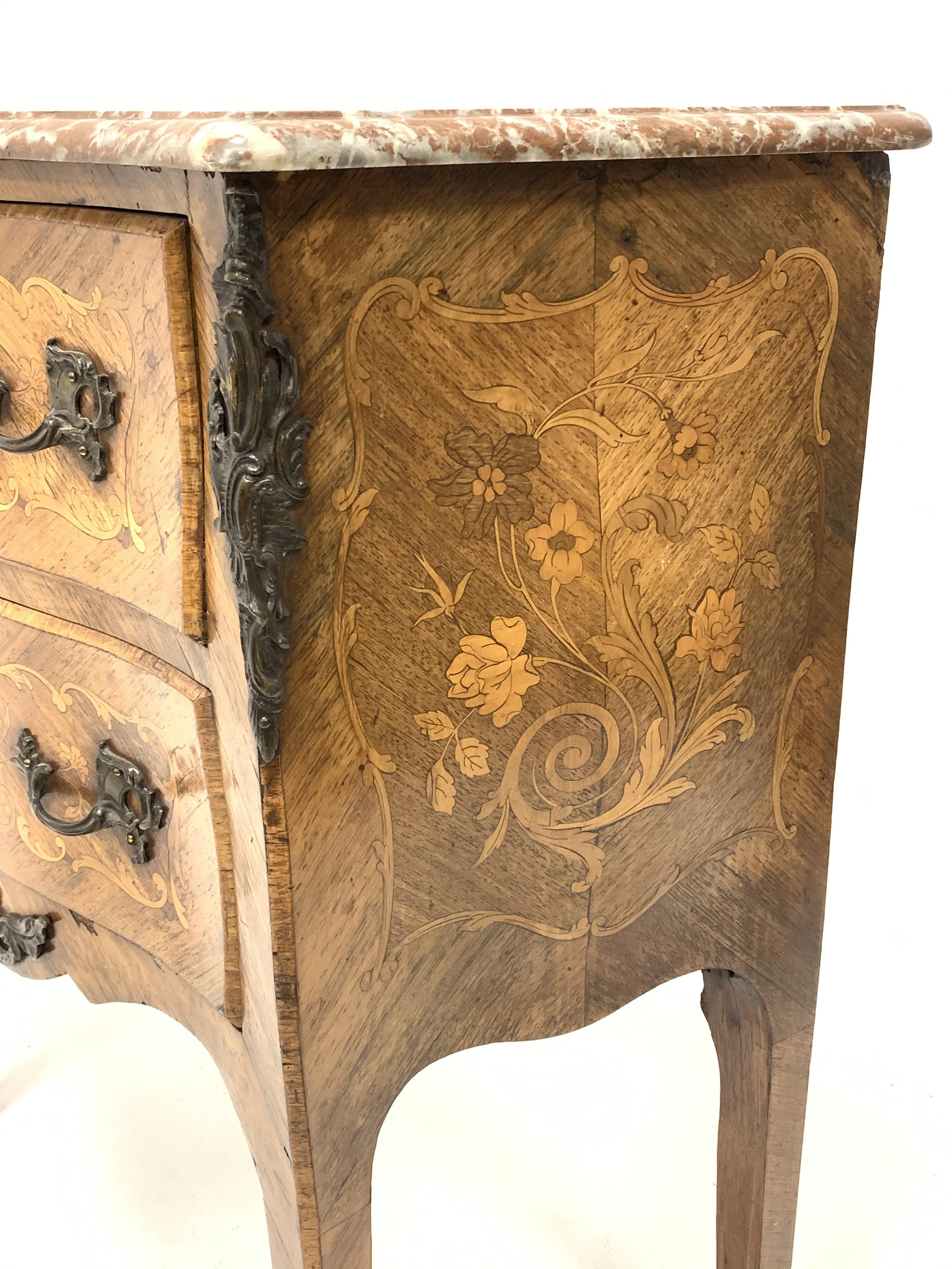 Early 20th century walnut and Kingwood bombe chest, shaped and moulded rouge marble top, two - Image 2 of 4