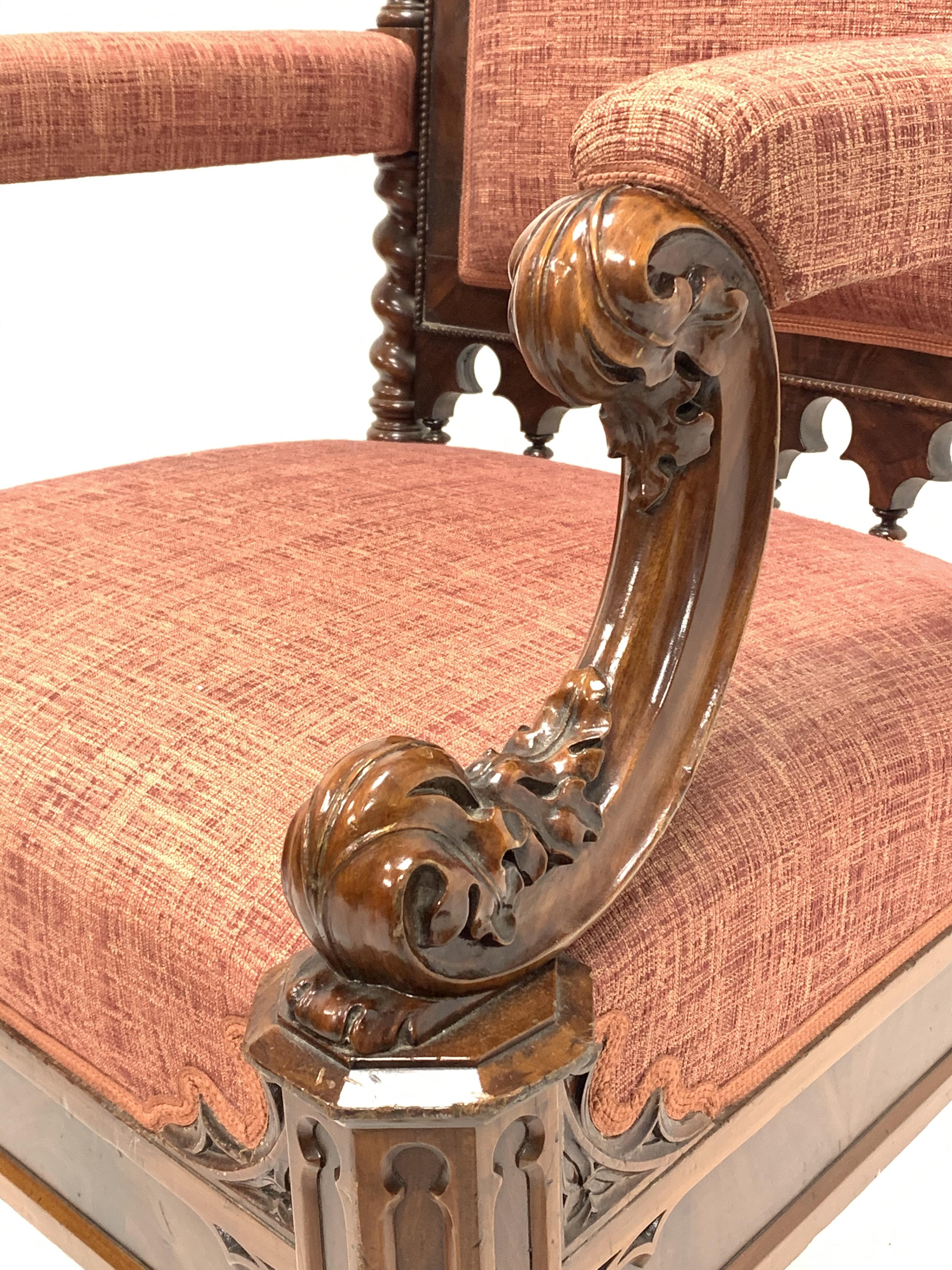 19th century Puginesque mahogany throne chair, the upholstered back surrounded by figured mahogany - Image 3 of 6
