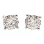 18ct white gold four claw solitaire diamond stud earrings, diamond total weight approx 1.00 carat,