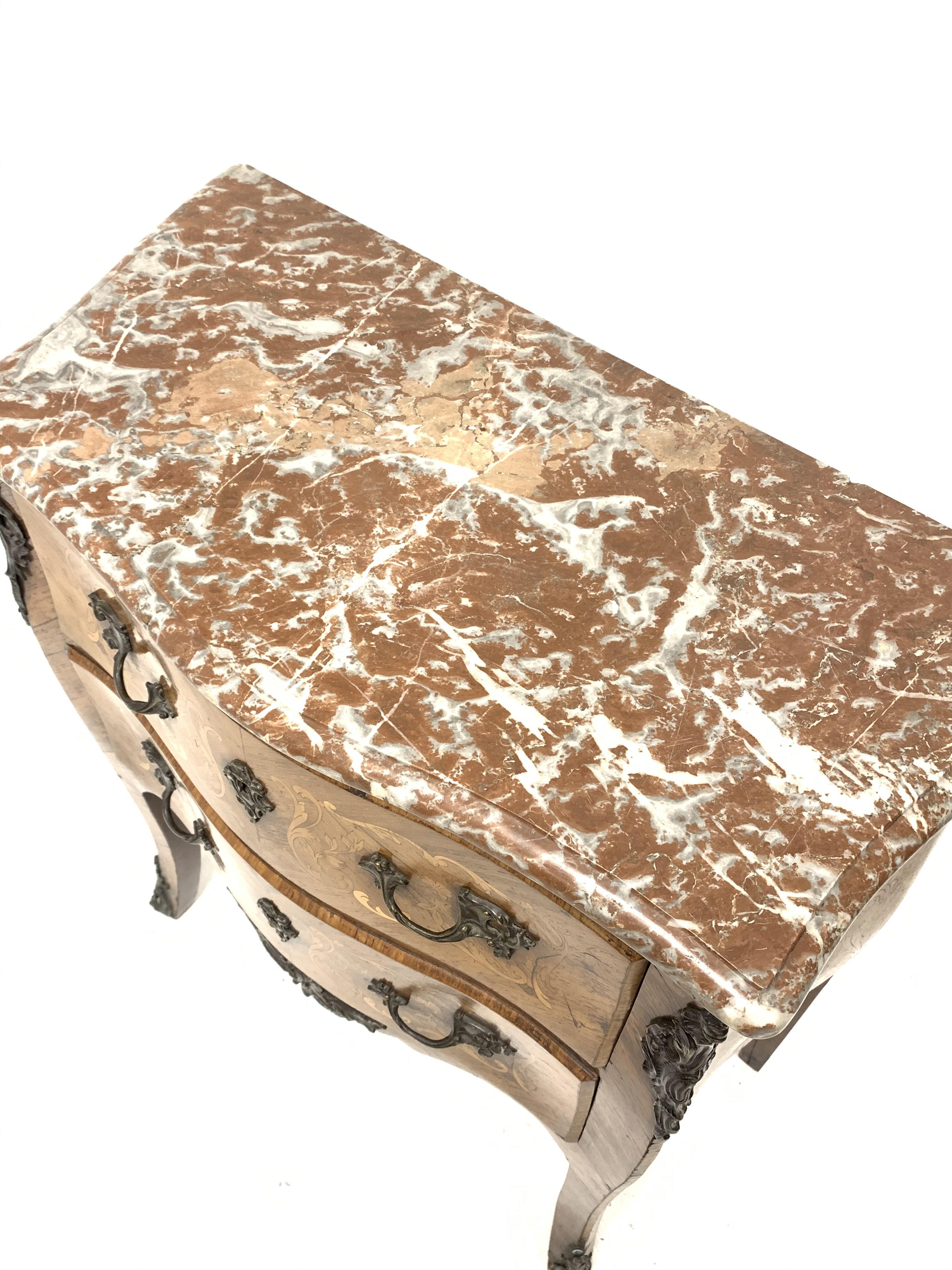 Early 20th century walnut and Kingwood bombe chest, shaped and moulded rouge marble top, two - Image 4 of 4