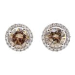 18ct white gold fancy natural light brown diamond halo stud earrings, centre diamond total weight