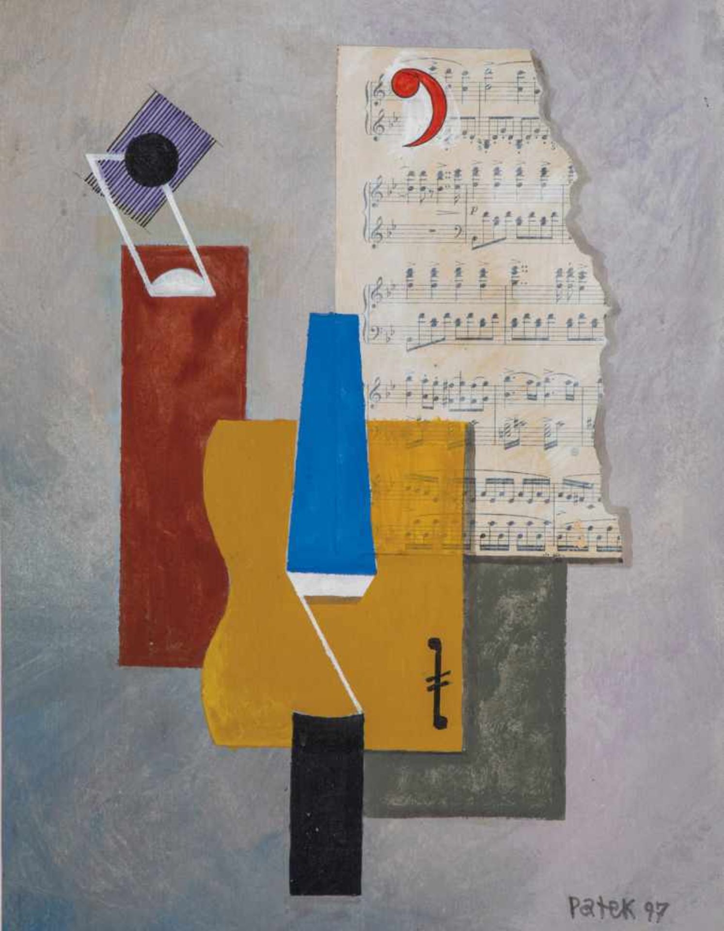 Helmut Patek. 1929 Berlin - 1999. Composition with sheet of music. Collage on paper.Signed lower