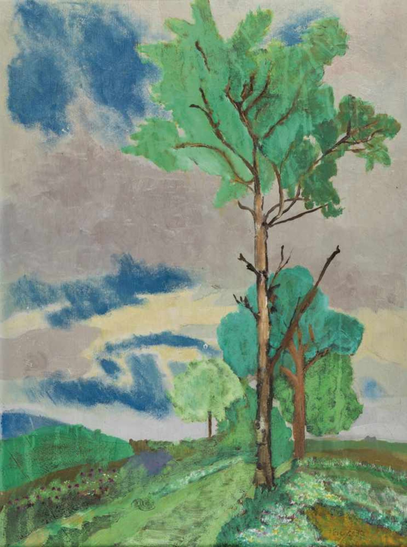 Hans Freese. 1886 Leipzig - 1966 Berli. Landscape with trees and wide sky. Oil oncardboard. Signed