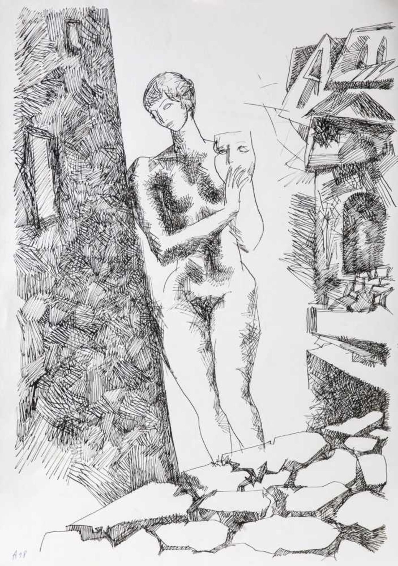 Alexei Grigoriev. 1949 Kursk - 2002 Moscow. Standing female nude holding a mask. Ink onpaper.