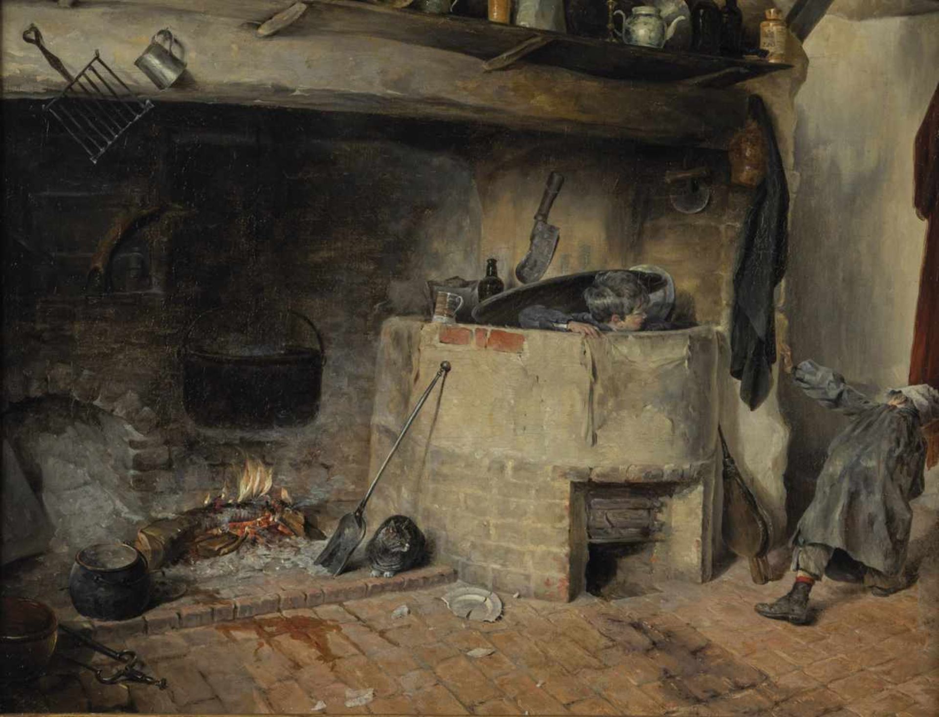 Genre painter. 19th century. Kitchen interior with kids and cat. Oil on canvas, restored.Verso