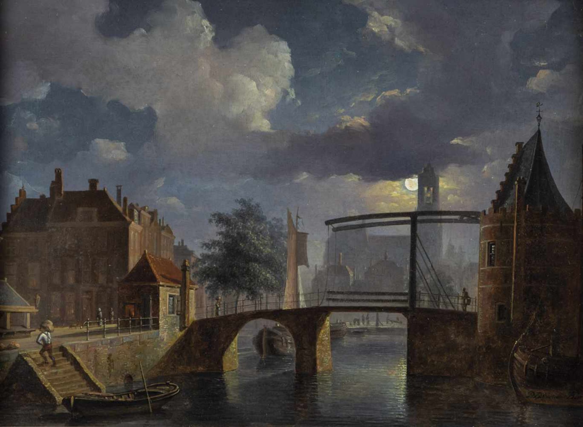 Pieter Daniel van de Burgh (Attrib.). 1805 The Hague - 1879 Rijswijk. Dutch canal bymoonlight. Oil